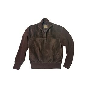Vintage CABELAS Sweater Jacket WOOL Leather L Brown Cardigan RIBBED Suede